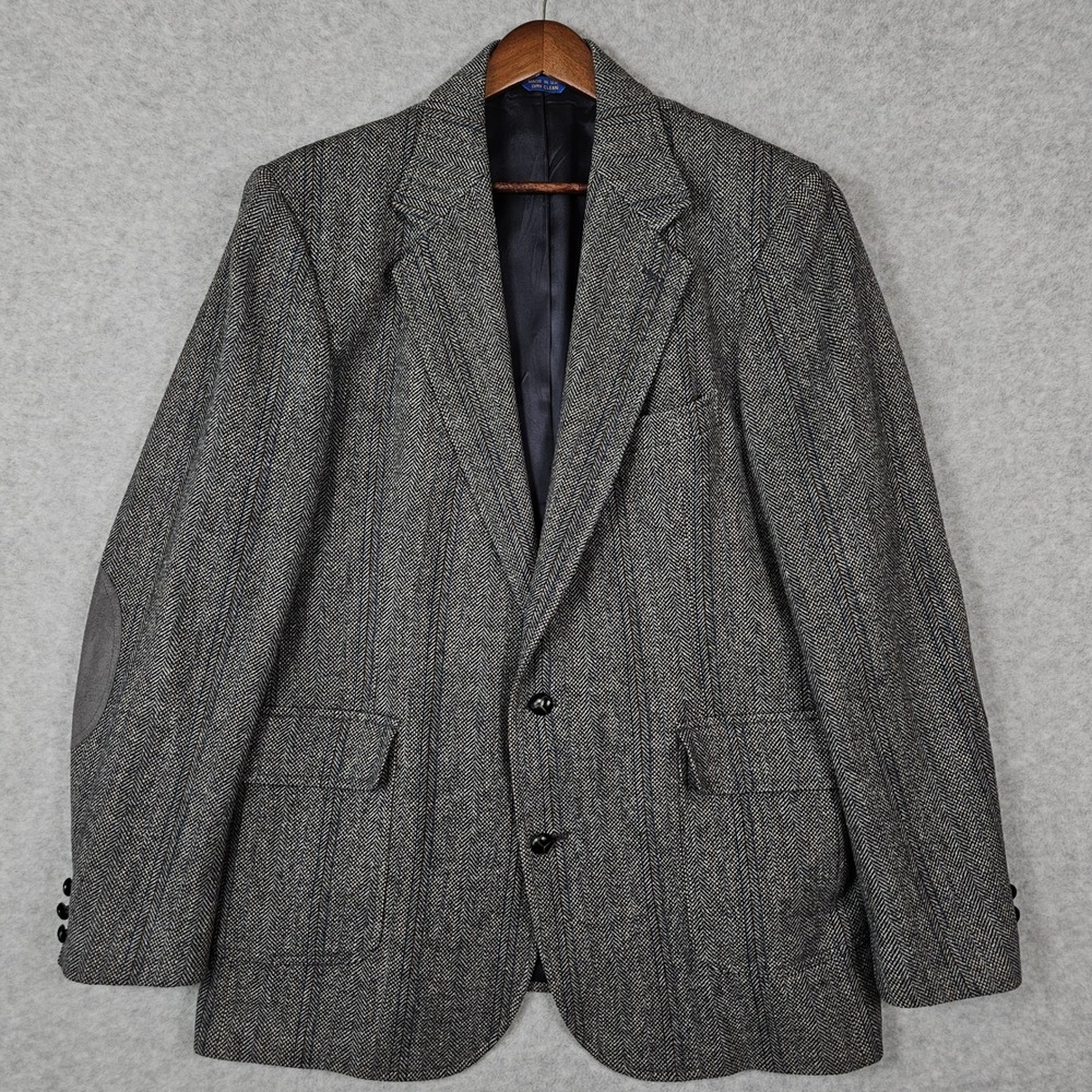 Vintage Pendleton Men 44 Tall Sport Coat Blazer Gray Herringbone Elbow Patch USA